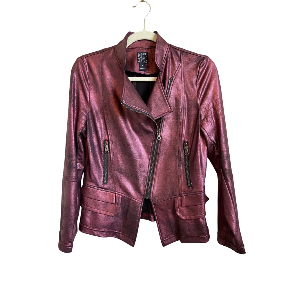 Clara Sun Woo Liquid Leather Moto Jacket Wine Shimmer Asymmetrical Zip Small